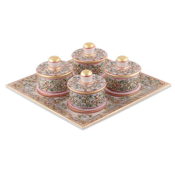Alternate image for Golden and Red Marble Tray and Covered Bowls 5 Pieces Gathering at the Paradise
