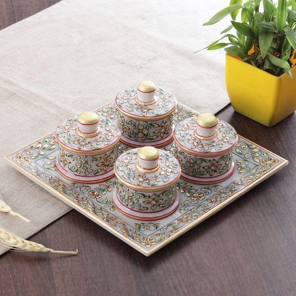 Alternate image for Golden and Red Marble Tray and Covered Bowls 5 Pieces Gathering at the Paradise