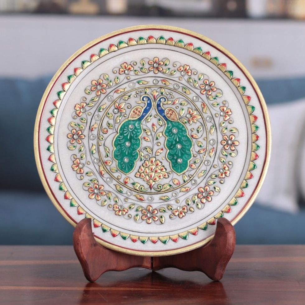 Peacock-Themed Floral Marble Decorative Plate from India 'Peacock Realm'