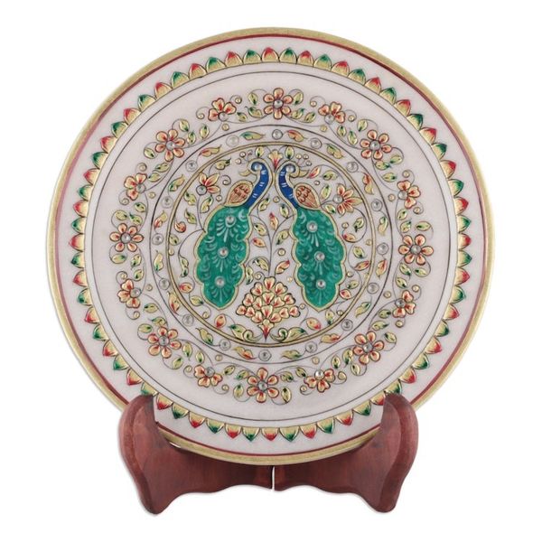 Alternate image for Peacock-Themed Floral Marble Decorative Plate from India Peacock Realm