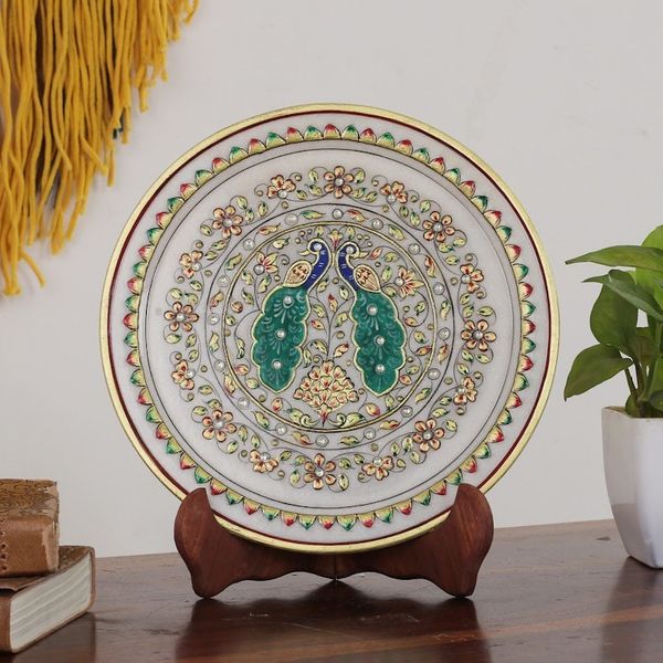 Alternate image for Peacock-Themed Floral Marble Decorative Plate from India Peacock Realm