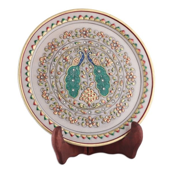 Alternate image for Peacock-Themed Floral Marble Decorative Plate from India Peacock Realm