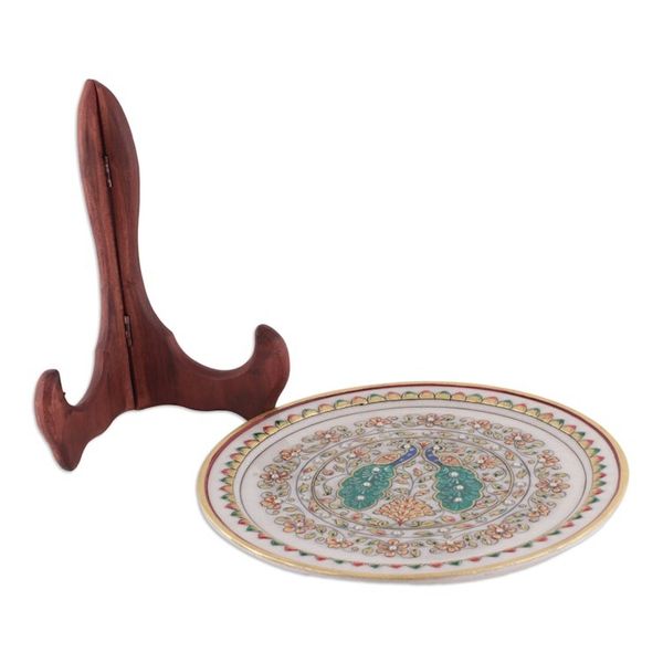 Alternate image for Peacock-Themed Floral Marble Decorative Plate from India Peacock Realm