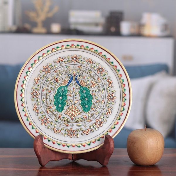 Alternate image for Peacock-Themed Floral Marble Decorative Plate from India Peacock Realm