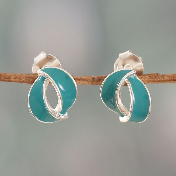 Alternate image for Abstract-Themed Blue Sterling Silver Button Earrings Celestial Embrace
