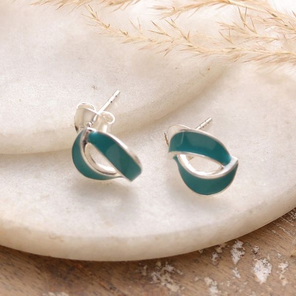 Alternate image for Abstract-Themed Blue Sterling Silver Button Earrings Celestial Embrace