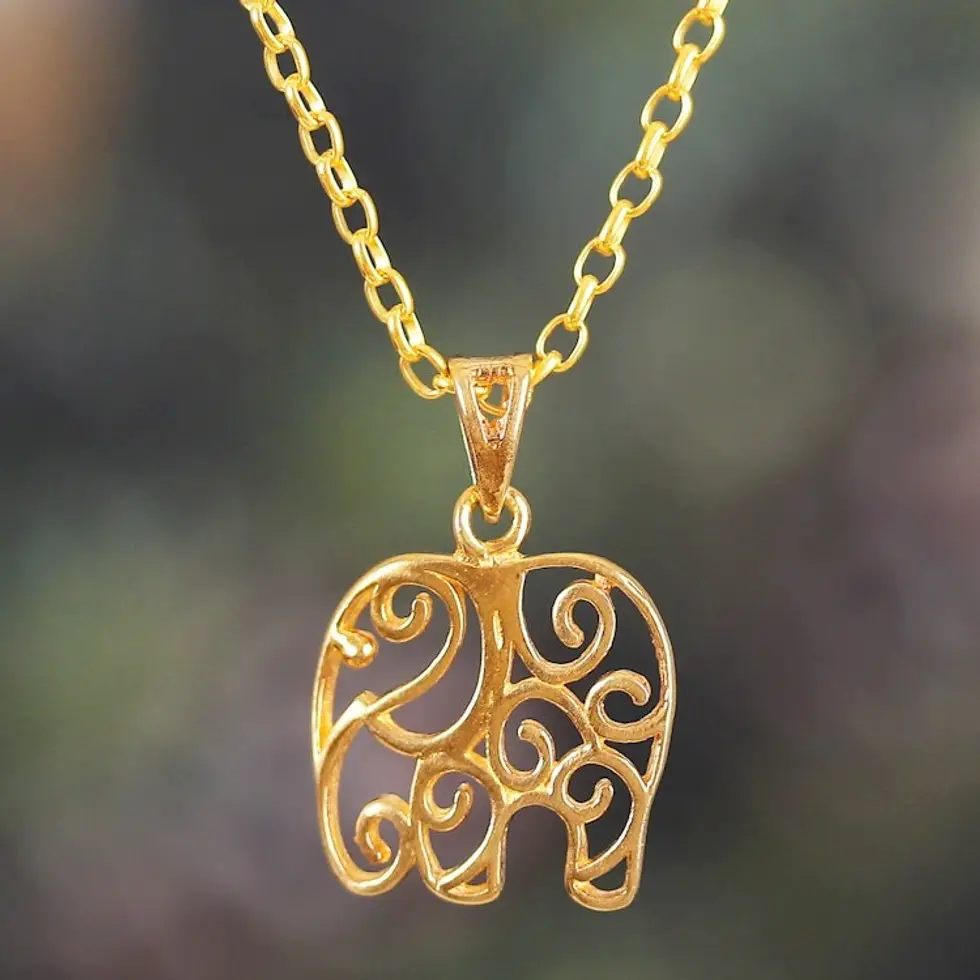Elephant-Themed 22k Gold-Plated Pendant Necklace from India 'Giant Triumph'