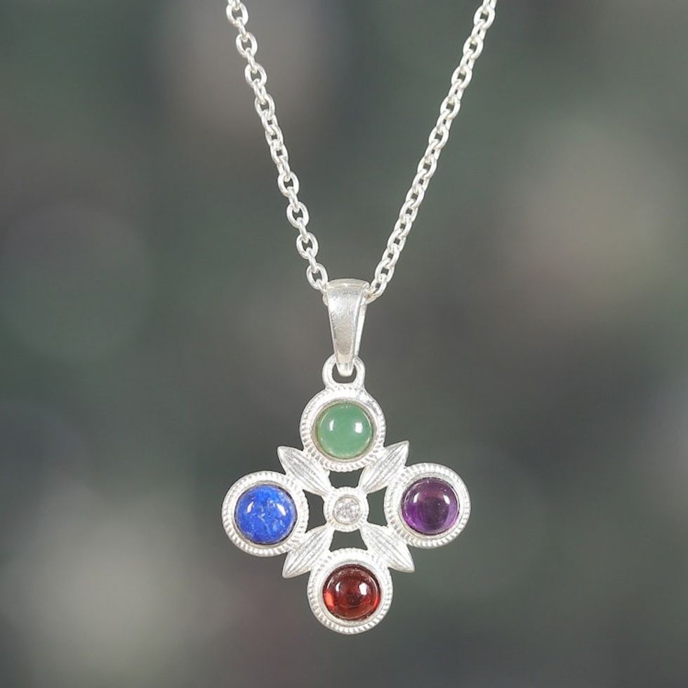 Silver Onyx Lapis Lazuli Amethyst Garnet Pendant Necklace 'Color Glam'