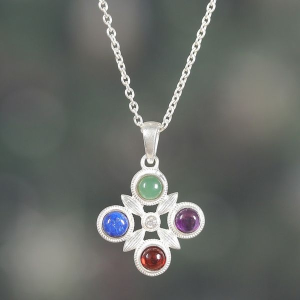 Alternate image for Silver Onyx Lapis Lazuli Amethyst Garnet Pendant Necklace Color Glam
