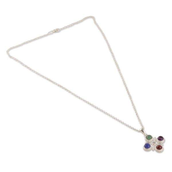 Alternate image for Silver Onyx Lapis Lazuli Amethyst Garnet Pendant Necklace Color Glam
