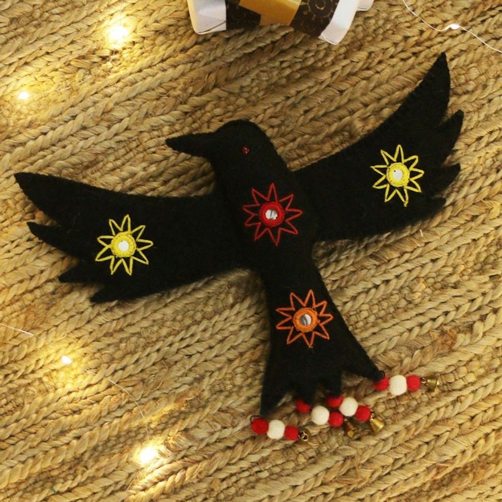 Handmade Raven-Themed Black Wool Felt Wall Accent with Bells 'Spooky Wings'