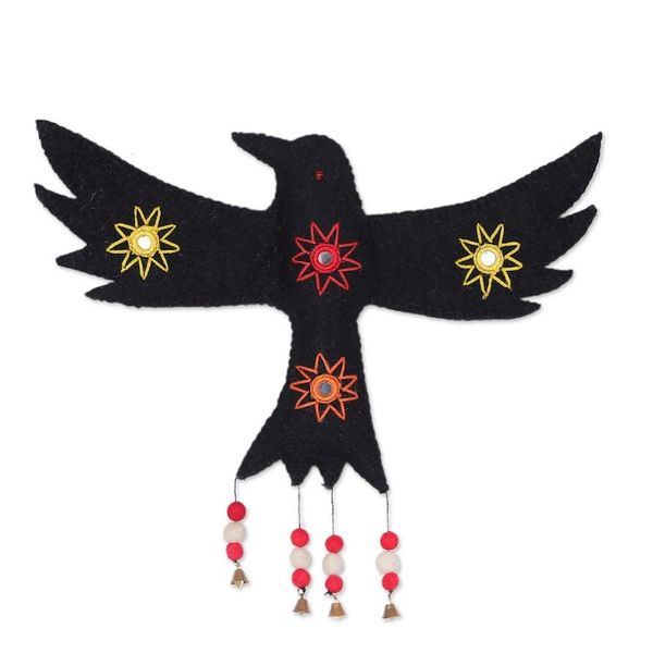 Alternate image for Handmade Raven-Themed Black Wool Felt Wall Accent with Bells Spooky Wings