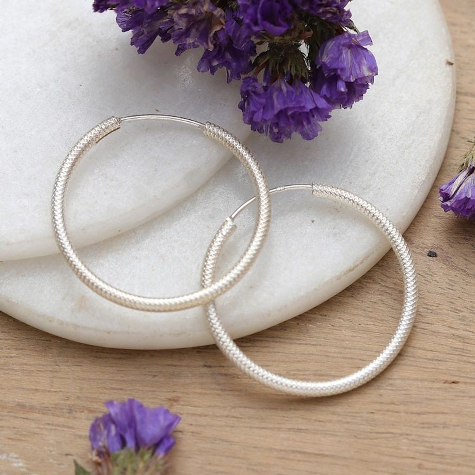 Textured Polished Sterling Silver Hoop Earrings from India 'Textured Radiance'