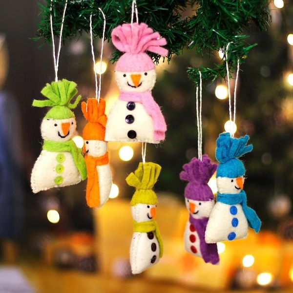 Alternate image for Set of Six Handcrafted Colorful Snowmen Wool Felt Ornaments Holiday Snowmen