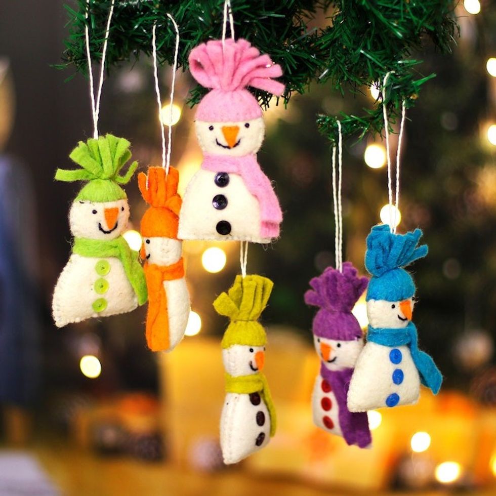 Set of Six Handcrafted Colorful Snowmen Wool Felt Ornaments 'Holiday Snowmen'