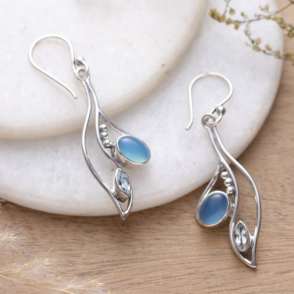 Leafy Chalcedony and Blue Topaz Dangle Earrings from India 'Healing Harmony'