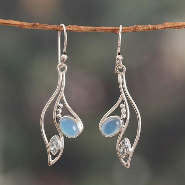 Alternate image for Leafy Chalcedony and Blue Topaz Dangle Earrings from India Healing Harmony