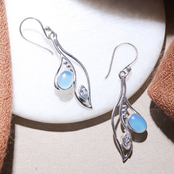 Alternate image for Leafy Chalcedony and Blue Topaz Dangle Earrings from India Healing Harmony