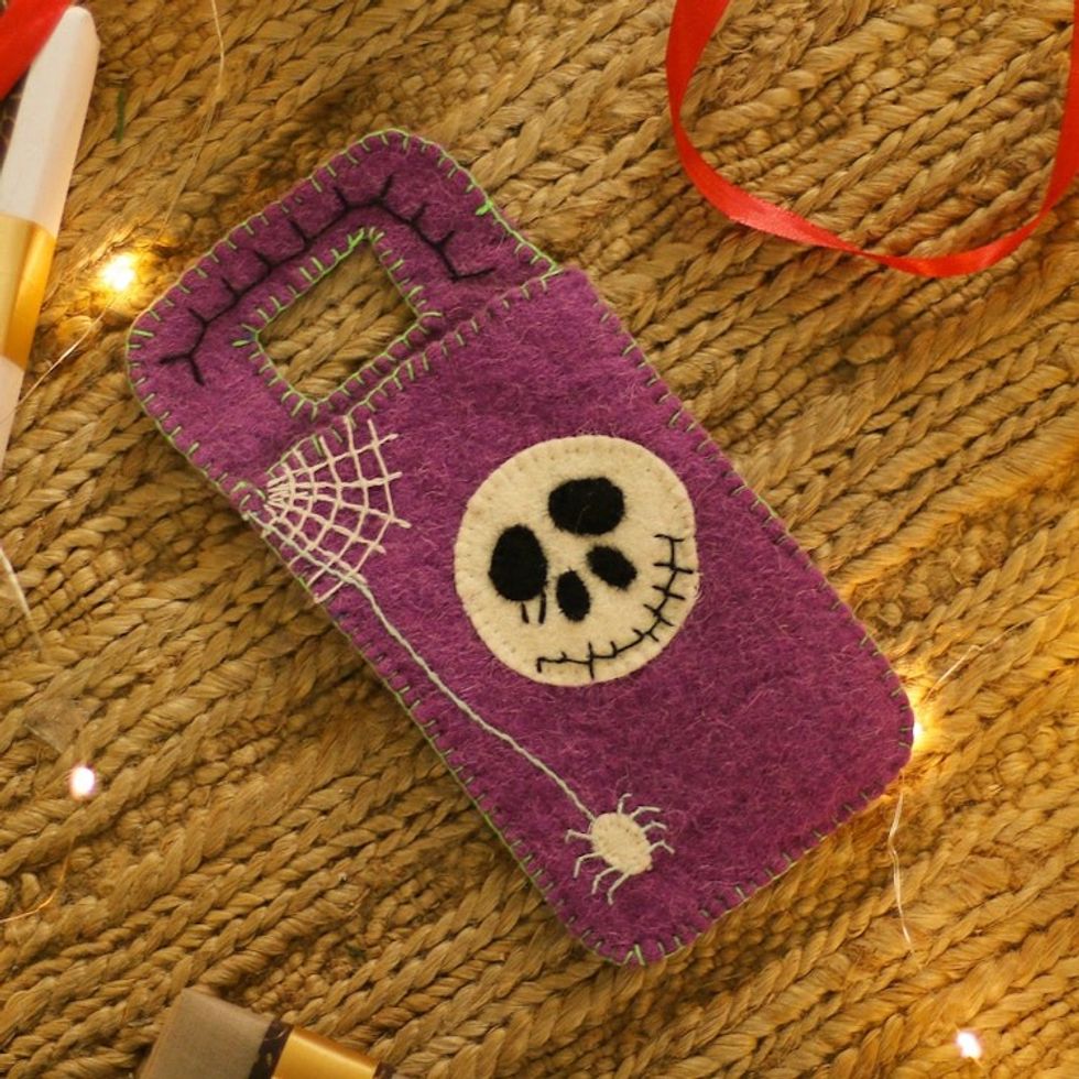 Handcrafted Halloween-Themed Purple Wool Felt Mobile Case 'Spooky Vibes'