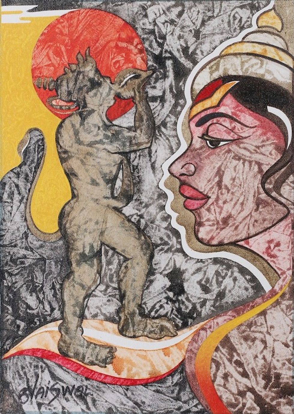Expressionist Grey and Red Acrylic Shankh Naad Painting 'Shankh Naad'