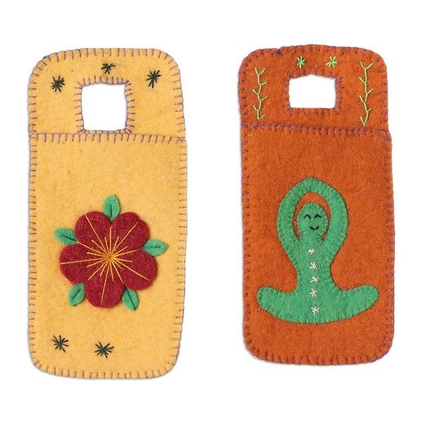 Alternate image for Set of 2 Handcrafted Yoga-Themed Wool Felt Mobile Cases Peaceful Vibes