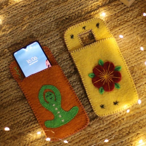 Alternate image for Set of 2 Handcrafted Yoga-Themed Wool Felt Mobile Cases Peaceful Vibes