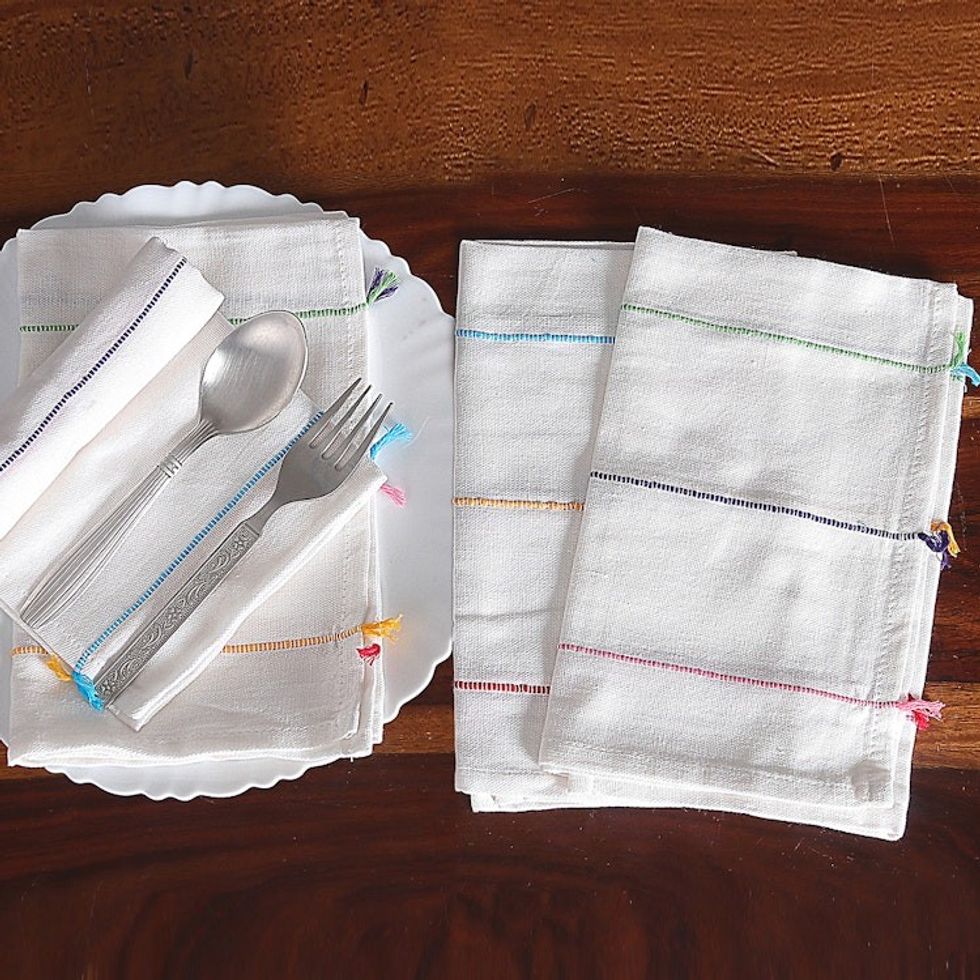 Set of 4 Handwoven Rainbow Striped Cotton Napkins 'Rainbow Meals'
