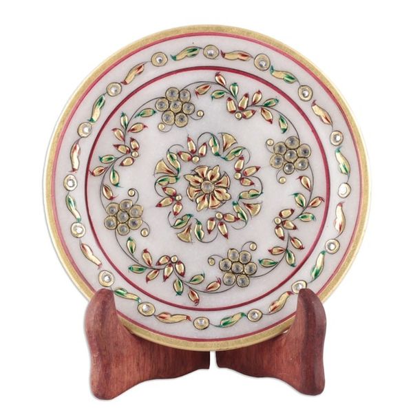 Alternate image for Handcrafted Floral Marble Decorative Plate With Stand Regal Blast