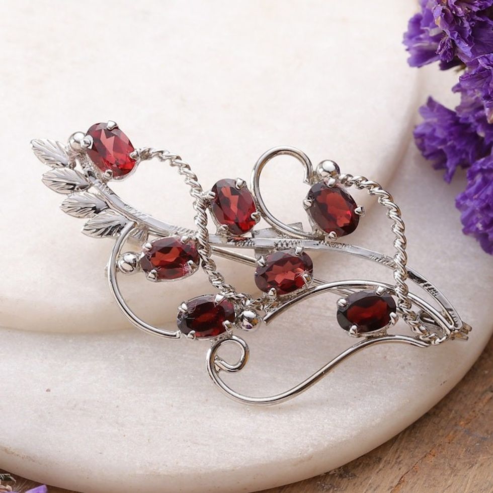 7-Carat Garnet Rhodium-Plated Sterling Silver Brooch Pin 'Scarlet Story'