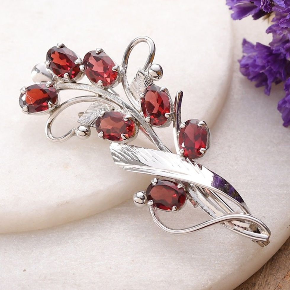 Floral Three-Carat Garnet and Sterling Silver Brooch Pin 'Passionate Bouquet'