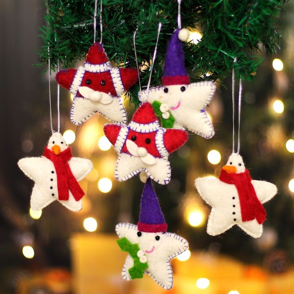 Set of 6 Star-Shaped Christmas-Themed Wool Felt Ornaments 'Star Holidays'