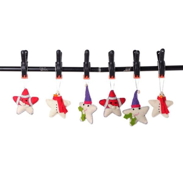 Alternate image for Set of 6 Star-Shaped Christmas-Themed Wool Felt Ornaments Star Holidays