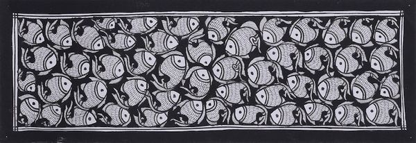 Alternate image for Madhubani Fish Painting in Black and White from India Fish Harmony II