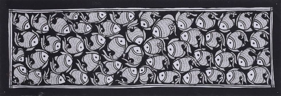 Madhubani Fish Painting in Black and White from India 'Fish Harmony II'