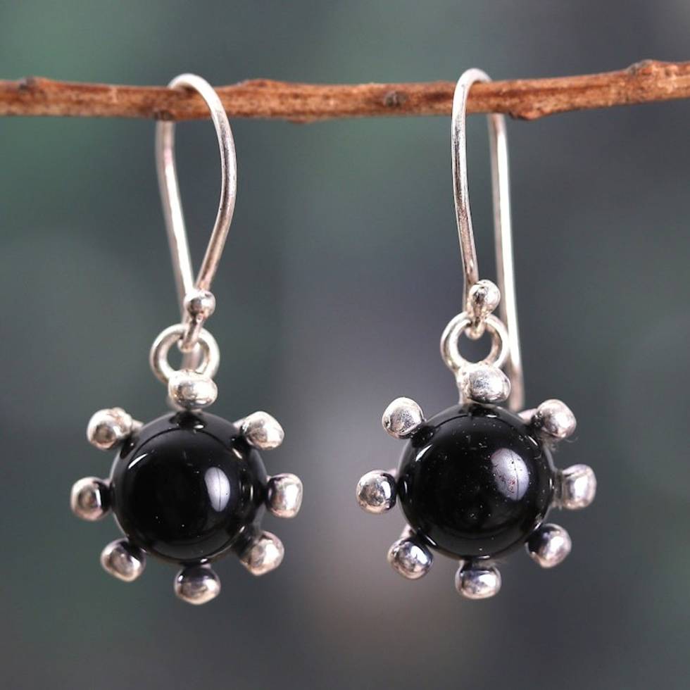 Sun-Themed Sterling Silver and Onyx Dangle Earrings 'Solar Shadow'