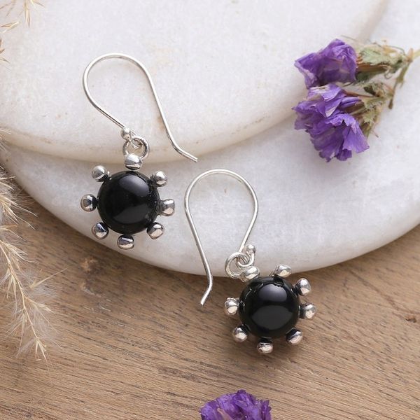 Alternate image for Sun-Themed Sterling Silver and Onyx Dangle Earrings Solar Shadow