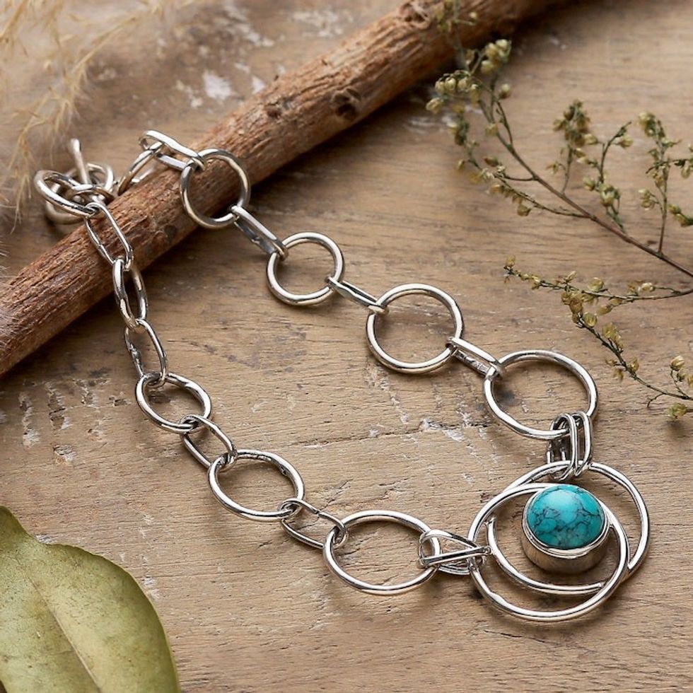 Modern Calcite and Sterling Silver Link Pendant Bracelet 'Spiritual Globe'
