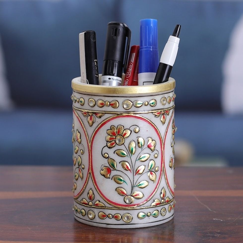 Classic Floral Golden and Red Marble Pen Holder from India 'Utopian Space'