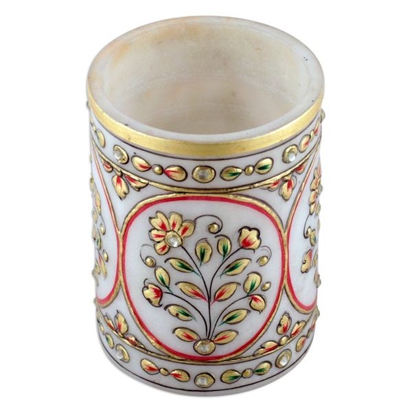 Alternate image for Classic Floral Golden and Red Marble Pen Holder from India Utopian Space