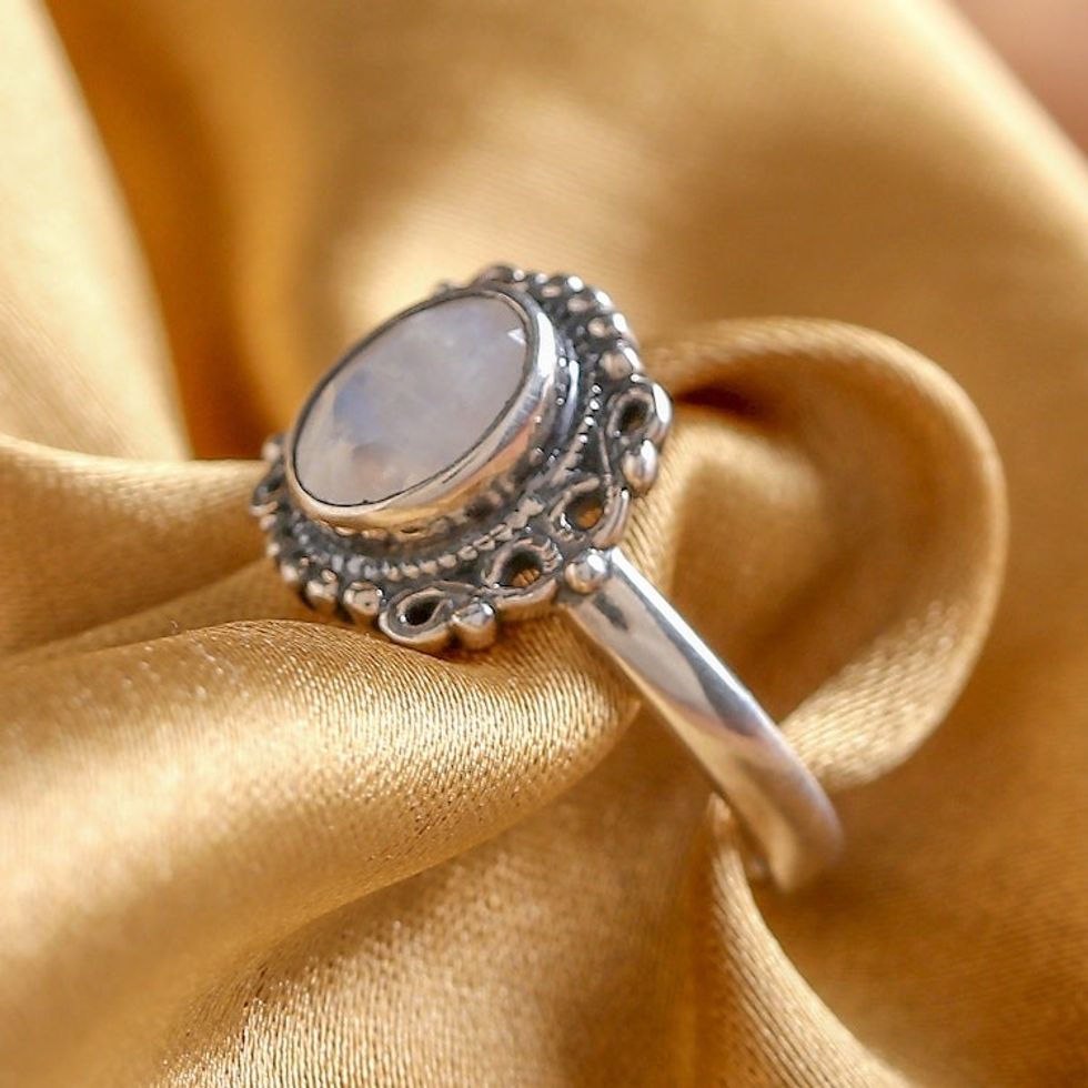 Natural 1-Carat Rainbow Moonstone Baroque Single Stone Ring 'Harmonious Memory'