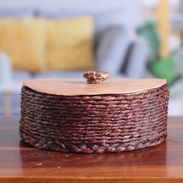 Alternate image for Handwoven Round Burgundy Natural Sabai Grass Fibers Basket Palatial Nature
