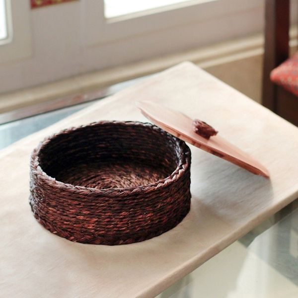 Alternate image for Handwoven Round Burgundy Natural Sabai Grass Fibers Basket Palatial Nature