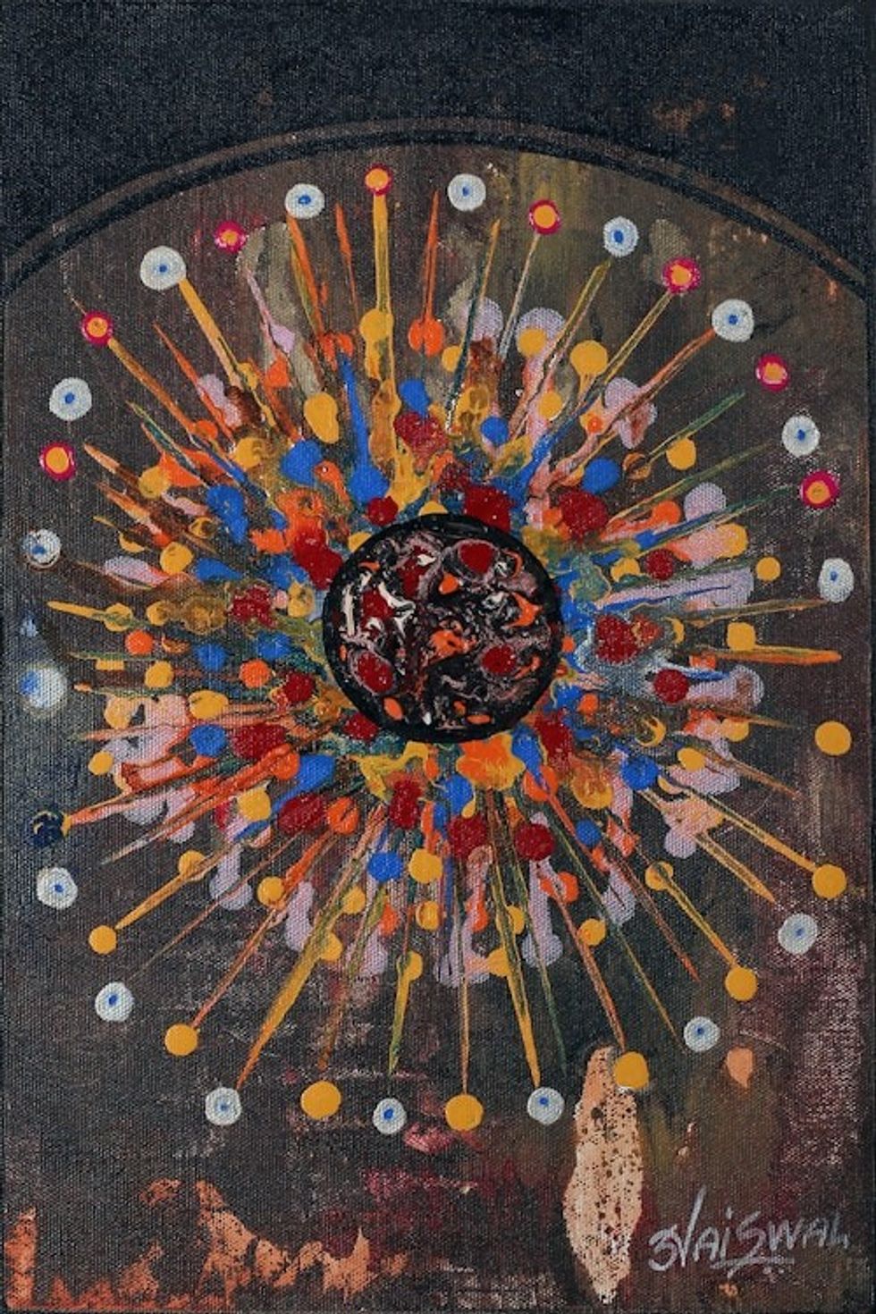 Signed Expressionist Dark-Toned Multicolor Acrylic Painting 'Cosmic Dance'