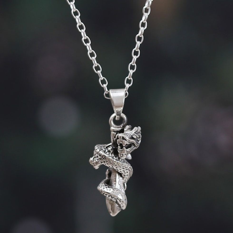 Dragon-Themed Sterling Silver Pendant Necklace from India 'Dragon Twist'