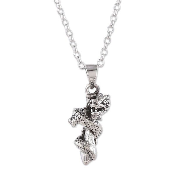 Alternate image for Dragon-Themed Sterling Silver Pendant Necklace from India Dragon Twist