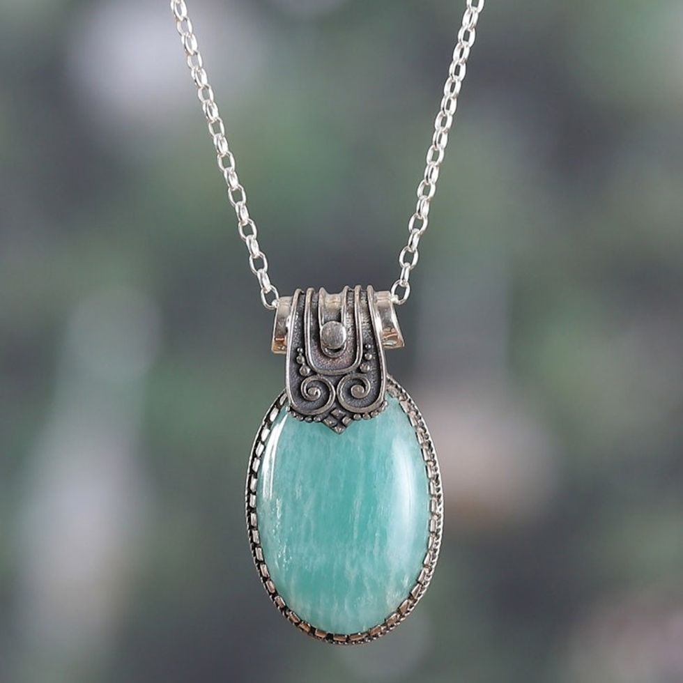 Polished Traditional Amazonite Cabochon Pendant Necklace 'Royal Waters'