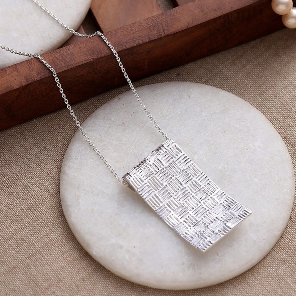 Basketweave-Patterned Silver-Plated Brass Pendant Necklace 'Metropolitan Mystery'