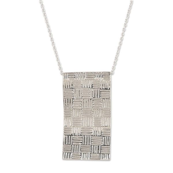 Alternate image for Basketweave-Patterned Silver-Plated Brass Pendant Necklace Metropolitan Mystery