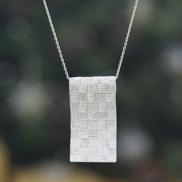 Alternate image for Basketweave-Patterned Silver-Plated Brass Pendant Necklace Metropolitan Mystery