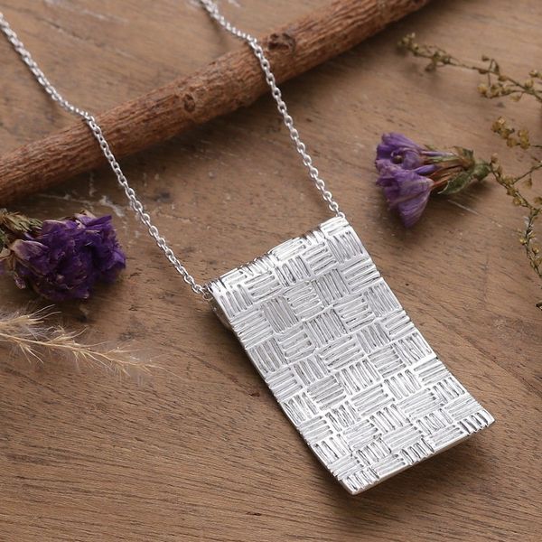 Alternate image for Basketweave-Patterned Silver-Plated Brass Pendant Necklace Metropolitan Mystery
